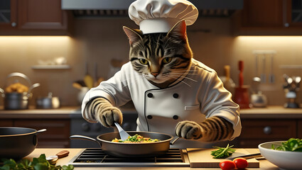 A smiling kitten chef prepares a healthy  meal in a restaurant kitchen