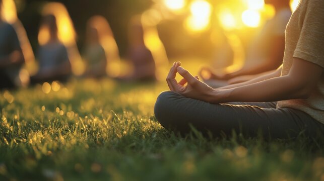 A serene gathering of people sitting in a circle on grass, engaged in mindfulness and meditation under a leafy canopy.	