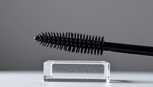 Close-up of a black mascara brush with a curved shape and densely packed bristles resting on a transparent rectangular block against a gray background