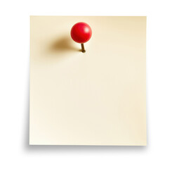 Blank light yellow paper note with red push pin isolated on transparent background