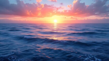 Fototapeta premium Calm ocean waves under a vivid orange and pink sunset sky on the horizon. Perfect for travel promotions, background use, website headers, and relaxation or meditation themes