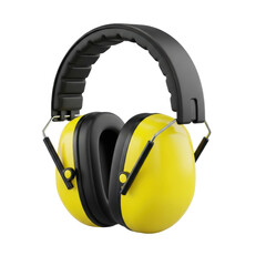 Bright yellow and black industrial earmuffs, providing essential hearing protection for noisy work environments like construction sites or factories.