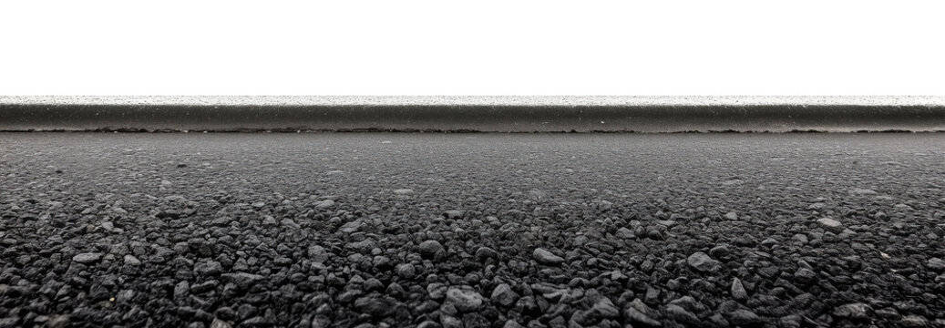 Black asphalt road pavement with textured surface isolated on transparent background