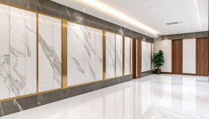 Modern Luxury Hallway Interior Featuring Marble Walls Gold Accents and Bright Lighting