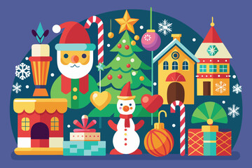 This vector set features cute Santa Claus cartoons with gifts, a Christmas house, and a festive tree, perfect for holiday decoration icons