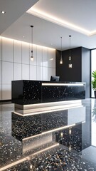 Modern Reception Area Interior Featuring Black Desk and Reflective Flooring