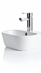 Modern White Ceramic Sink With Chrome Faucet Against White Background