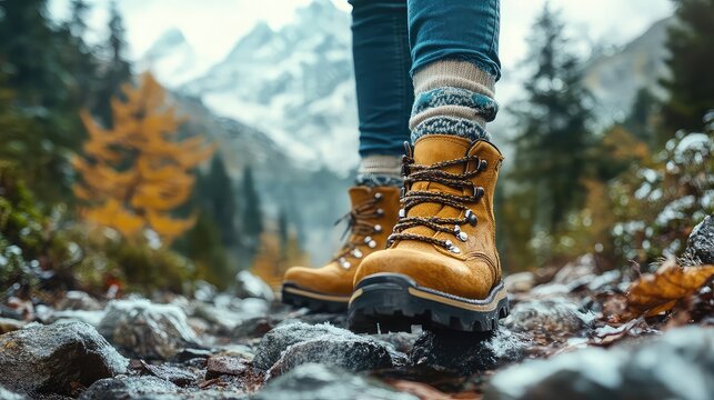 Hiking boots styled on trails, near packs, or with socks and gear for visuals centered on rugged exploration, outdoor adventures, and footwear for nature trekking lifestyle