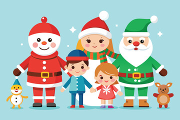 Merry Christmas cartoon illustration of Santa Claus and an elf decorating a winter holiday tree with gifts and snowflakes