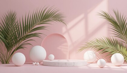 Fototapeta premium Soft Pink Gradient Backdrop With White Spheres and Sunlight Shadows, Soft pink presentation podium with palm leaves offers a modern product display for skincare or cosmetics