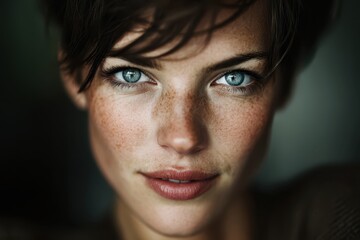 Obraz premium Portrait of a Beautiful Woman with Piercing Blue Eyes and Freckles