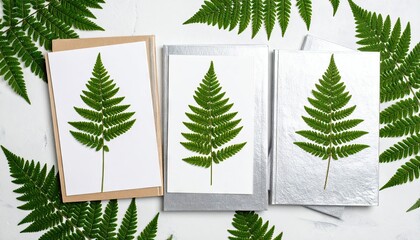 Overhead View of Fern Artwork on White Surface with Green Leaves and Textured Background
