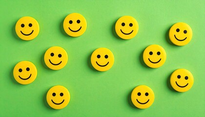 Overhead View of Multiple Yellow Smiley Face Symbols on Green Textured Background