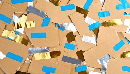 Overhead View of Torn Brown Cardboard Pieces Adorned With Metallic Silver Gold And Blue Tape
