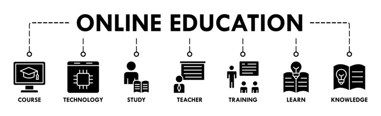 Online education banner web icon vector illustration concept with icon of course, technology, study, teacher, training, learn and knowledge