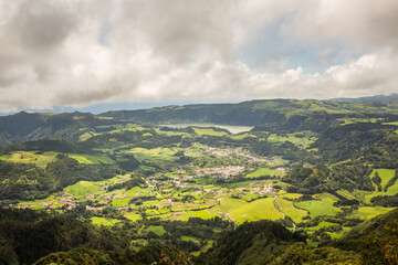 Obraz premium Aerial View of Furnas Valley from Miradouro do Salto do Cavalo, Sao Miguel, Azores