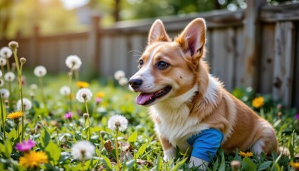 A happy corgi dog with a blue bandage on its leg rests among colorful wildflowers and dandelions in a sunny backyard setting near a blurred wooden fence.