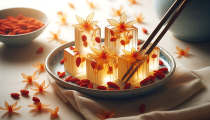 Osmanthus Jelly. Translucent jelly dessert infused with dried osmanthus flowers and goji berries, a light and floral dim sum treat.