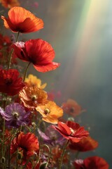 Obraz premium Poppy flowers with a sunbeam