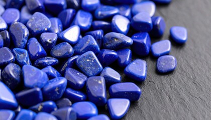 Pile Of Polished Lapis Lazuli Gemstones On A Dark Textured Surface With Natural Lighting