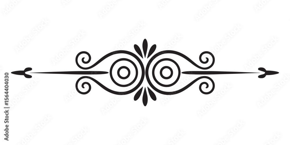 Poster elegant horizontal divider with symmetrical swirls and arrow accents for vintage invitations and dec