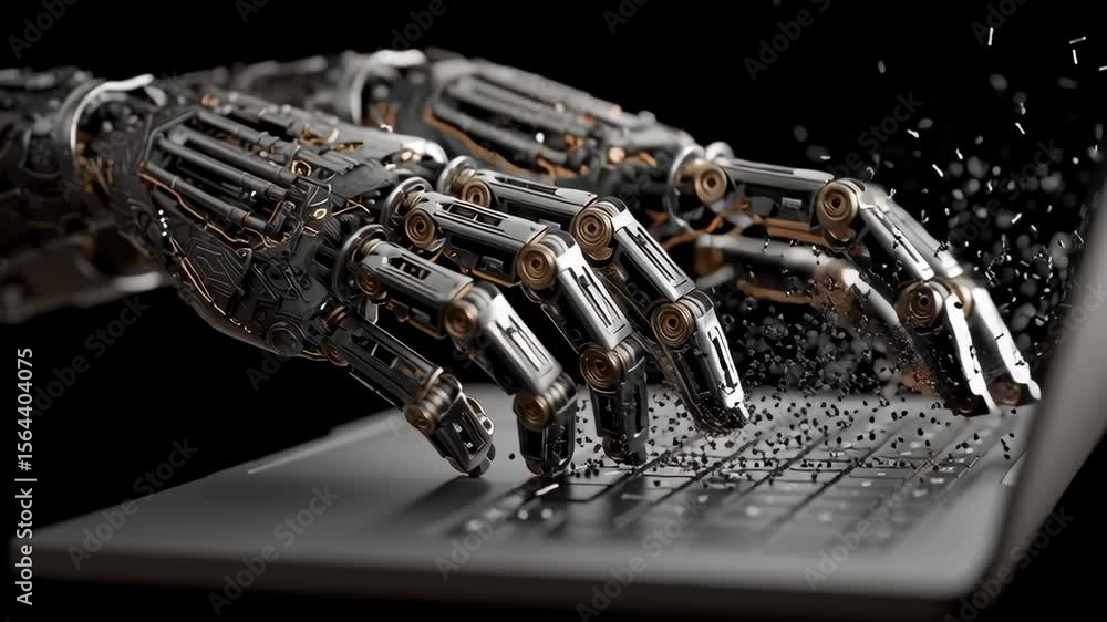 Aufkleber a futuristic robotic hand interacts with a laptop keyboard, with digital particles dispersing, symbo