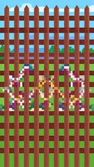 Pixelated Wooden Fence With Green And Blue Background In Outdoor Setting