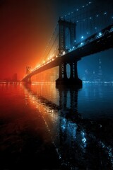 Night cityscape with bridge reflection