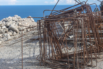 reinforcement frames made of rusty steel reinforcement. for the production of reinforced concrete columns, beams, foundations