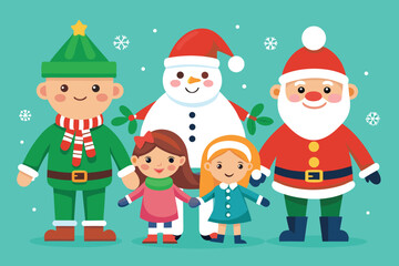 Happy children celebrating Christmas holidays with Santa and gifts in the snow