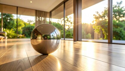 Reflective Sphere Displayed on Wooden Floor with Bright Sunlight Streaming Through Large Windows