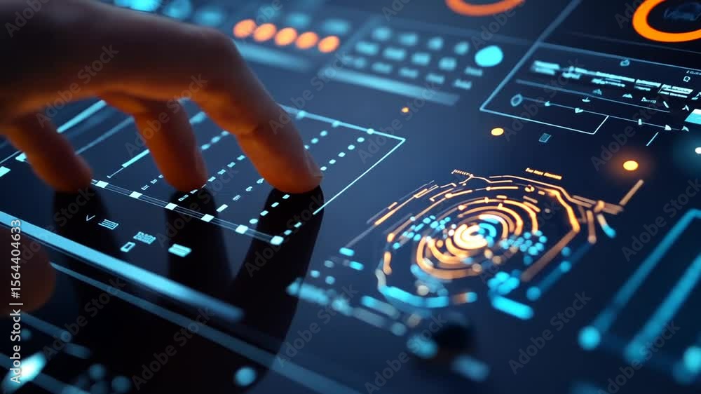 Poster futuristic technology interface: a close-up of a hand interacting with a sleek, advanced digital dis