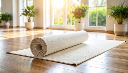 Rolled Yoga Mat On Wooden Floor With Potted Plants And Natural Sunlight Illuminating The Room