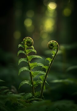 Fern fiddleheads emerge from the dark damp forest floor, uncurling their delicate green fronds under a soft glowing bokeh background.