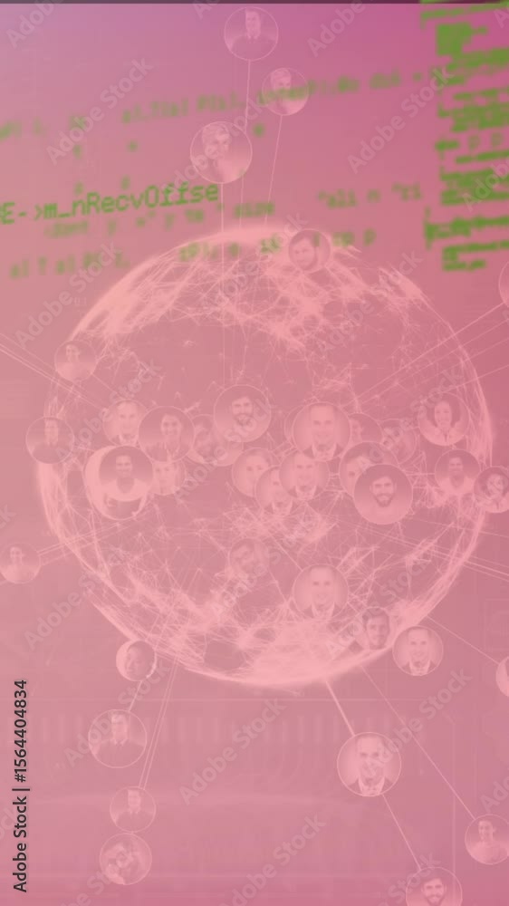 Poster animation of data processing, globe and connections on pink background