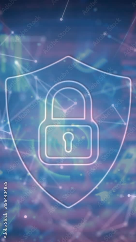 Poster animation of digital shield with padlock over connections and data