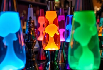 A colorful group of lava lamps with wax formations in bright hues, photographed close-up in a vibrant indoor setting.