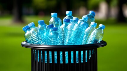 polyethylene terephthalate plastic, concept of environmental pollution. Environmental Challenge: Accumulation of PET Plastic Bottles Near Trash Bin in Park