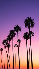 Silhouette Of Palm Trees Against A Vibrant Purple And Orange Sunset Sky