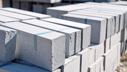Stacked Grey Concrete Blocks Ready For Construction Outdoors under Bright Daylight