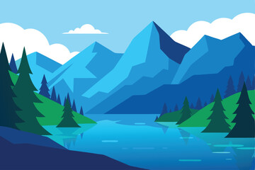 Serene Lake Landscape A Flat Vector Illustration of Mountains, Trees, and Water