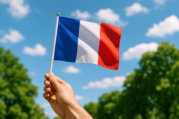 A hand proudly waves a small french flag against a blue sky with green trees, celebrating Bastille Day with national spirit