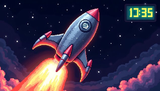 8-bit pixel art rocket launching into space, bright pixel fire below, countdown timer at the corner, star trails glowing behind the rocket as it ascends.

