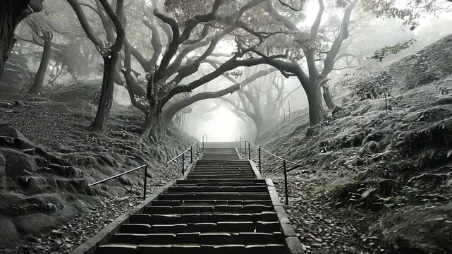 Serene misty forest path with stone steps leading to a glowing light in the distance