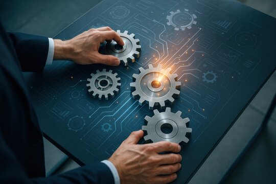 Interlocking Gears: A close-up of a business person's hands delicately arranging precision-engineered gears, highlighting interconnected processes, cooperation and collaborative strategies.
