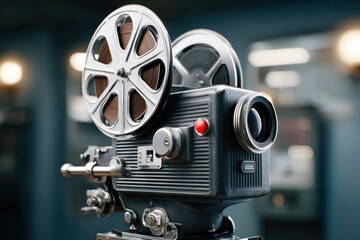 Obraz premium Vintage film camera with reels, showcasing intricate design and mechanical features, set in a dimly lit studio environment, capturing the essence of classic filmmaking