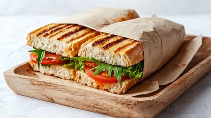 Delicious panini sandwich in a sustainable paper wrap, symbolizing fresh, healthy food and eco-friendly packaging on a wooden tray