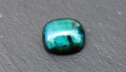 Vibrant Teal Gemstone on Dark Gray Surface Reflecting Light with Subtle Iridescence