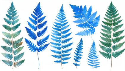 Watercolor Illustration Of Assorted Fern Leaves In Shades Of Blue And Green Against A White Background