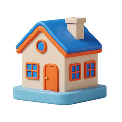 Cute cartoon 3d house with blue roof and orange accents on a black background